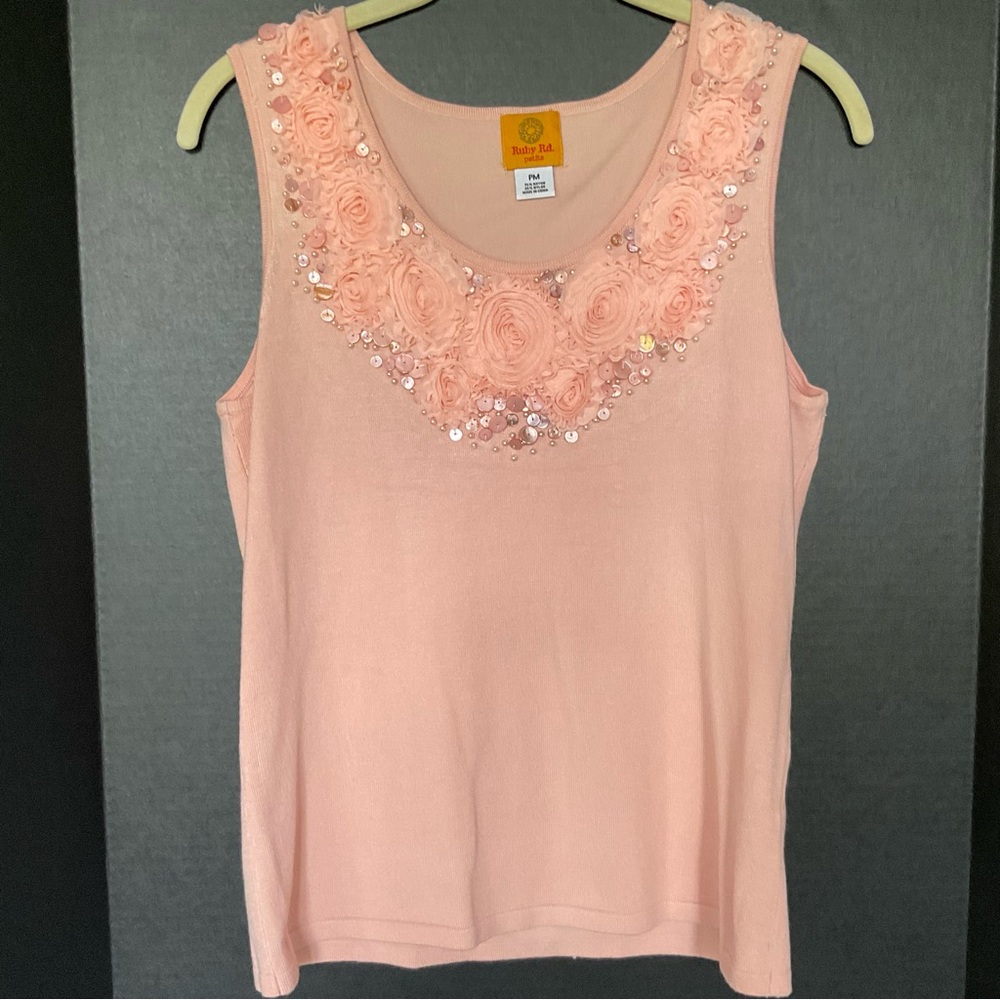 Ruby Rd. Coral Pink Floral Embellished Women's Sleeveless Top Size PM
